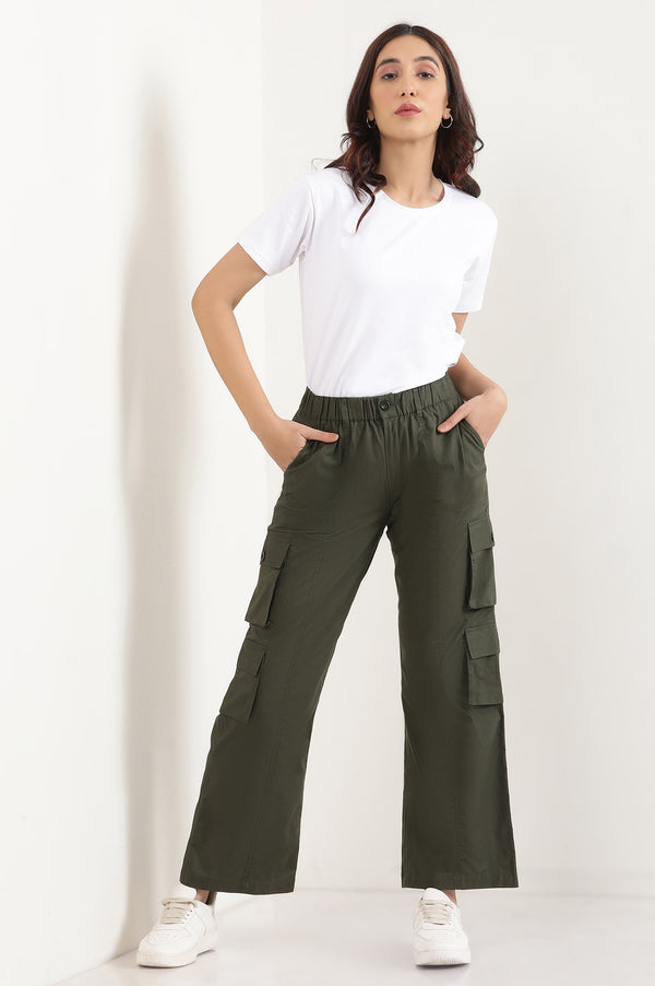 Elleven Women's Muted Sage Green Solid Straight Fit Cotton Palazzo With Elasticated Waist And Cargo Pockets