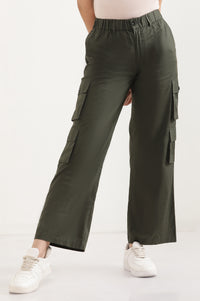 Muted Sage Green Solid Straight Fit Cotton Palazzo With Elasticated Waist And Cargo Pockets