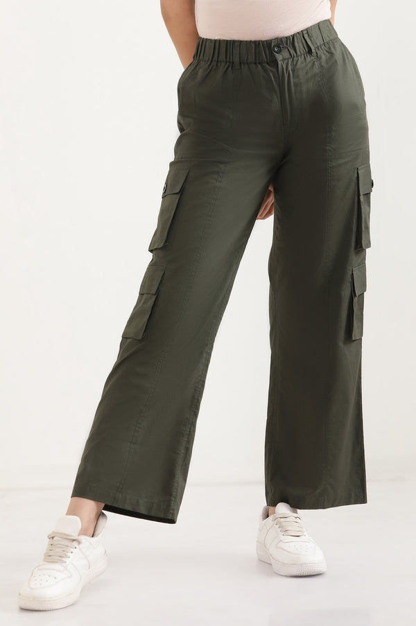 Elleven Women's Muted Sage Green Solid Straight Fit Cotton Palazzo With Elasticated Waist And Cargo Pockets
