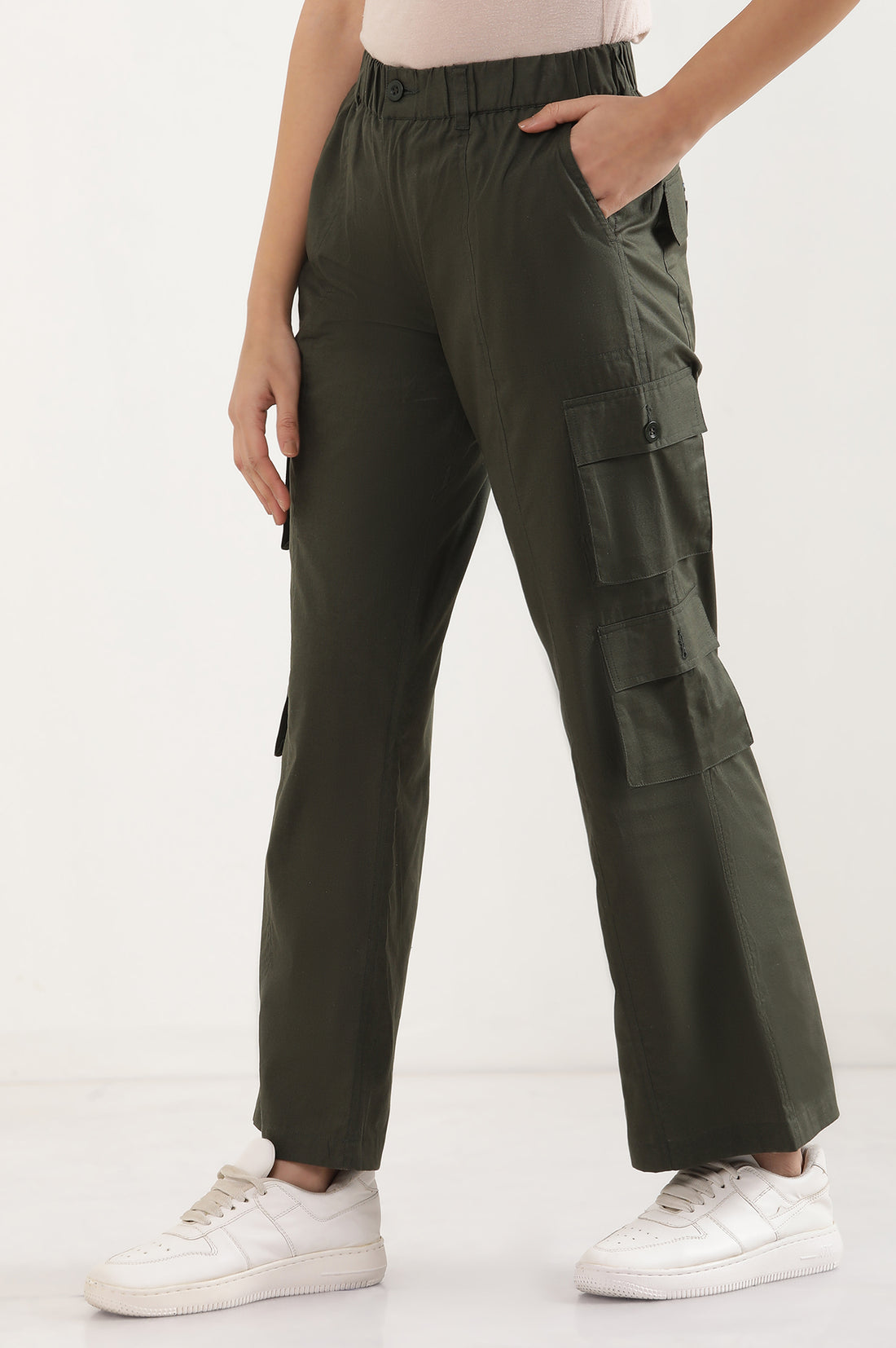 Muted Sage Green Solid Straight Fit Cotton Palazzo With Elasticated Waist And Cargo Pockets