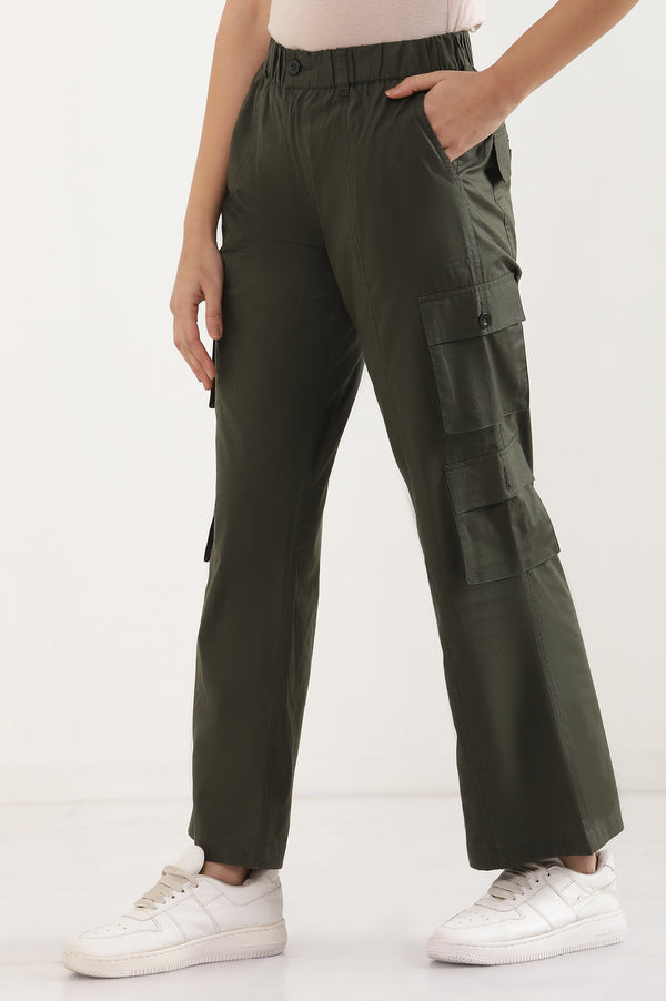Elleven Women's Muted Sage Green Solid Straight Fit Cotton Palazzo With Elasticated Waist And Cargo Pockets