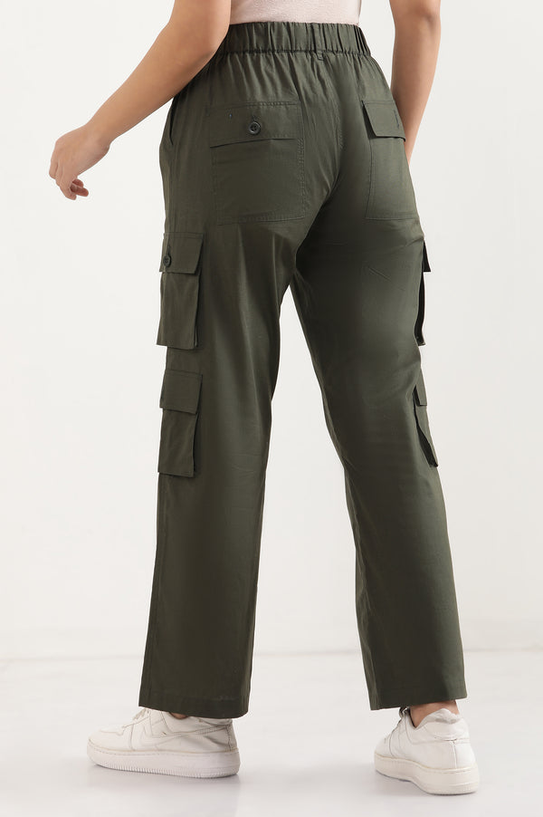 Elleven Women's Muted Sage Green Solid Straight Fit Cotton Palazzo With Elasticated Waist And Cargo Pockets