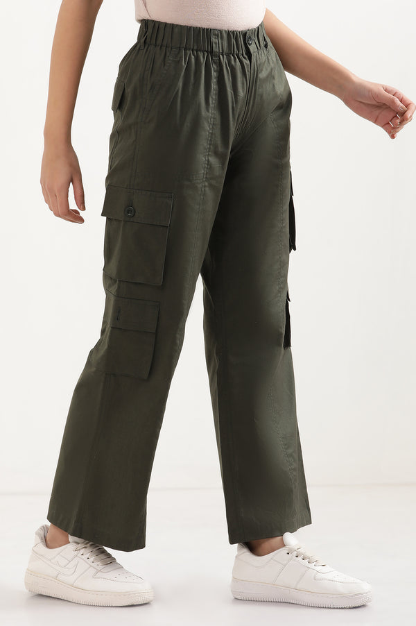Elleven Women's Muted Sage Green Solid Straight Fit Cotton Palazzo With Elasticated Waist And Cargo Pockets