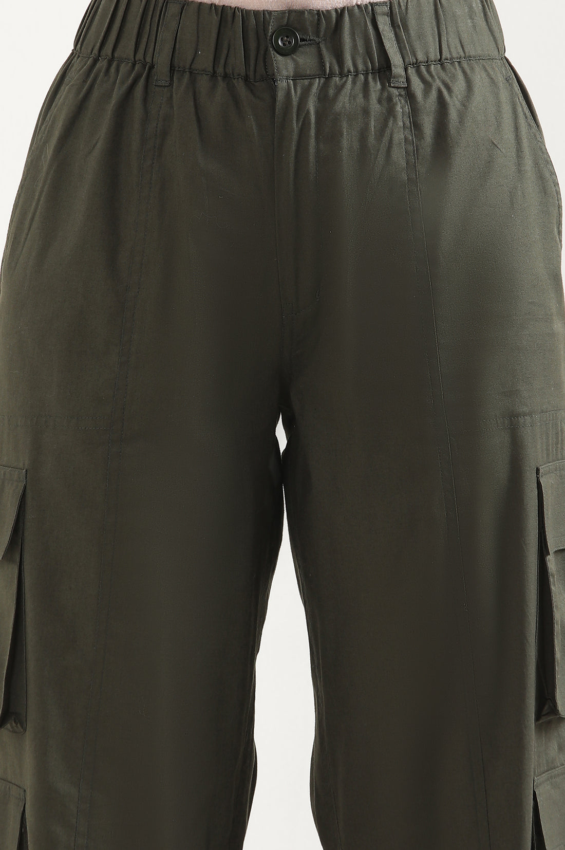 Muted Sage Green Solid Straight Fit Cotton Palazzo With Elasticated Waist And Cargo Pockets