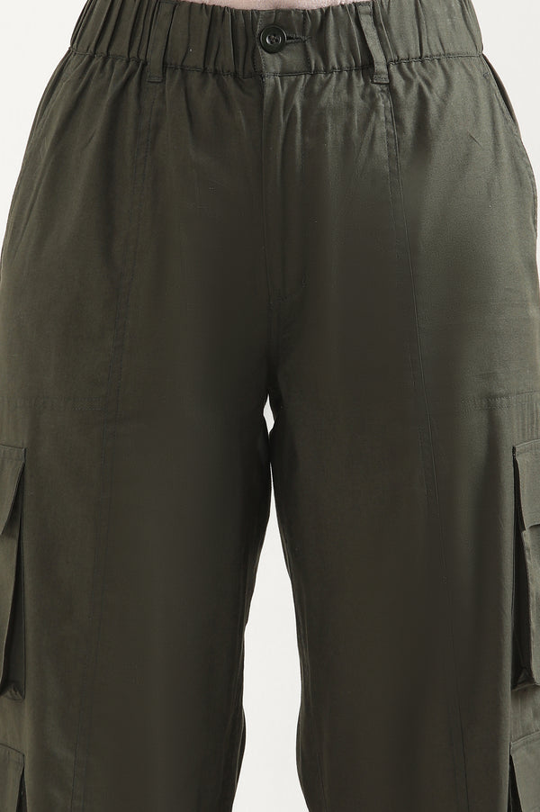 Elleven Women's Muted Sage Green Solid Straight Fit Cotton Palazzo With Elasticated Waist And Cargo Pockets