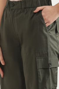 Muted Sage Green Solid Straight Fit Cotton Palazzo With Elasticated Waist And Cargo Pockets