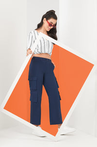 Navy Blue Solid Straight Fit Cotton Cargo Pants With Elasticated Waist