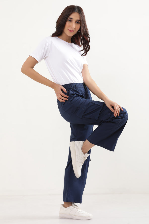 Navy Blue Solid Straight Fit Cotton Cargo Pants With Elasticated Waist