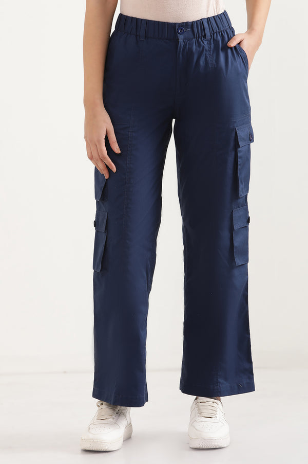 Navy Blue Solid Straight Fit Cotton Cargo Pants With Elasticated Waist