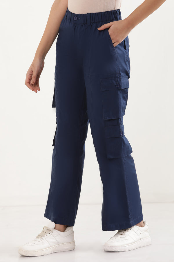 Navy Blue Solid Straight Fit Cotton Cargo Pants With Elasticated Waist
