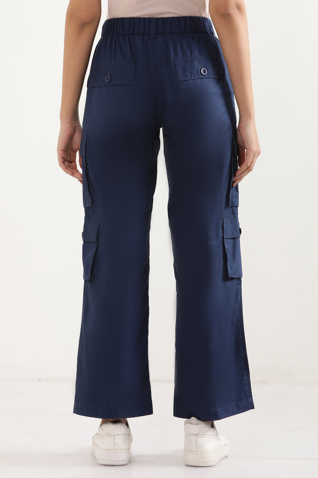 Navy Blue Solid Straight Fit Cotton Cargo Pants With Elasticated Waist