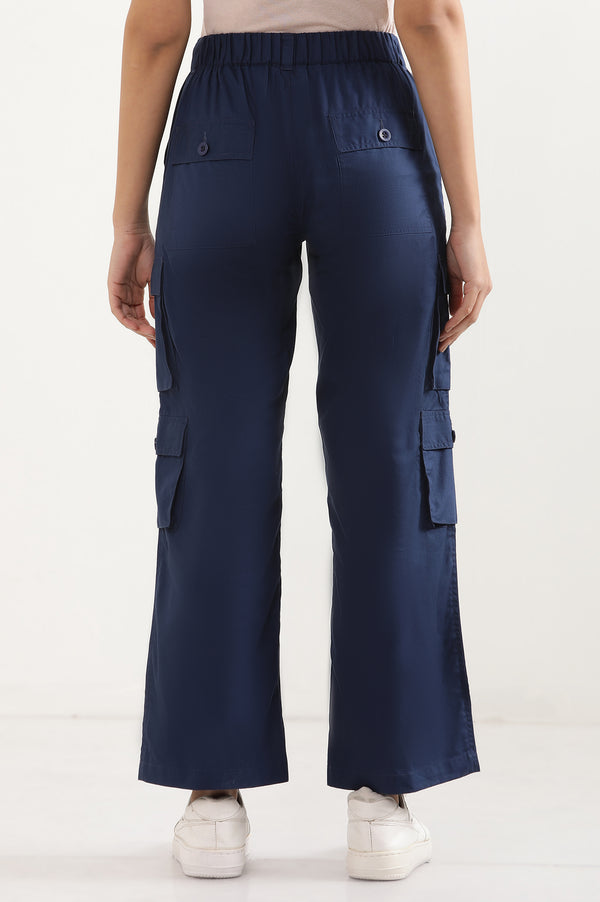 Navy Blue Solid Straight Fit Cotton Cargo Pants With Elasticated Waist