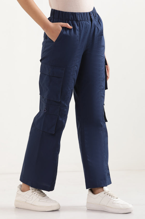 Navy Blue Solid Straight Fit Cotton Cargo Pants With Elasticated Waist