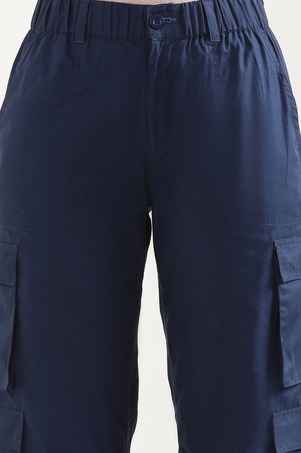 Navy Blue Solid Straight Fit Cotton Cargo Pants With Elasticated Waist