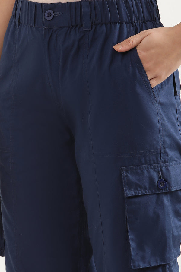 Navy Blue Solid Straight Fit Cotton Cargo Pants With Elasticated Waist