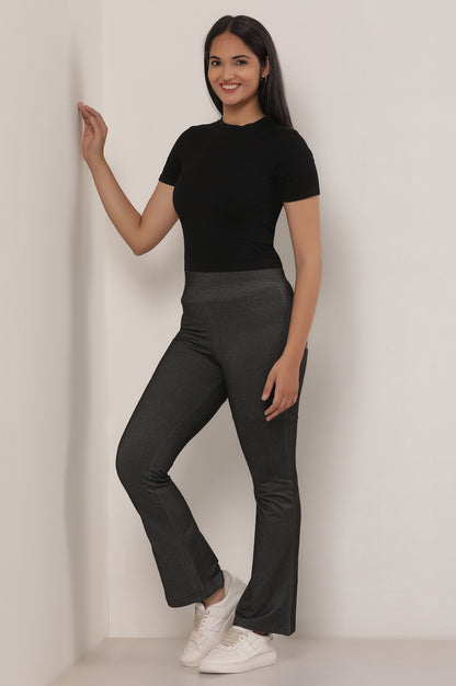 Black Solid Cotton Blend Flarred Trousers &amp; Pants