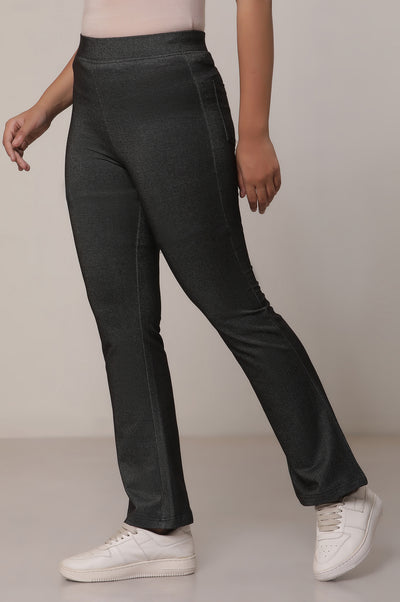 Black Solid Cotton Blend Flarred Pants