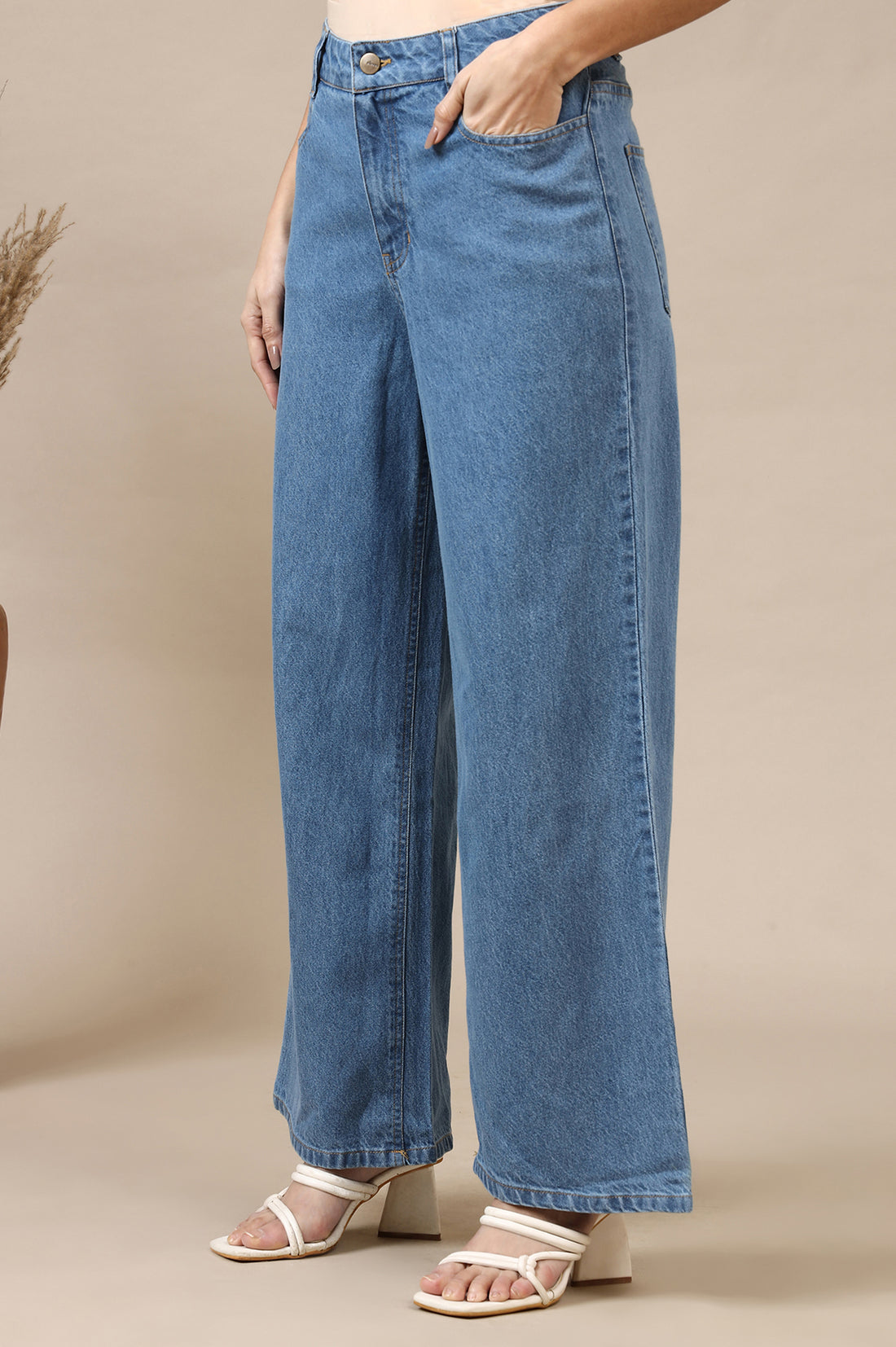Light Blue Solid Flared Cotton Denim Pants With High Waisted Design
