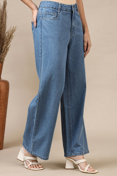 Light Blue Cotton Denim Flared Pants