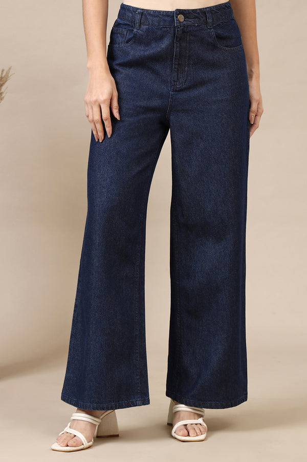 Dark Blue Cotton Denim Flared Pants