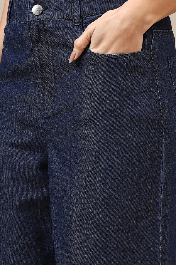 Dark Blue Cotton Denim Flared Pants