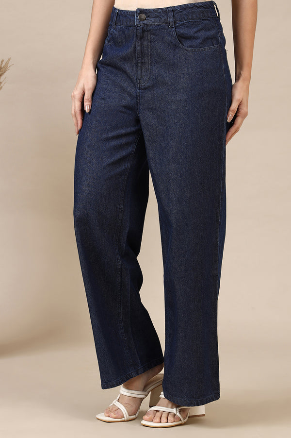 Dark Blue Cotton Denim Flared Pants