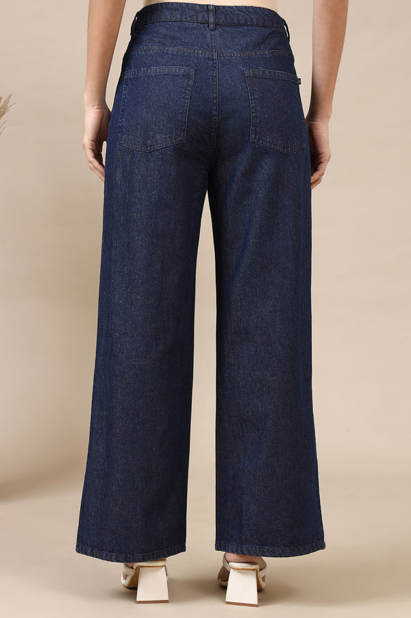 Dark Blue Cotton Denim Flared Pants