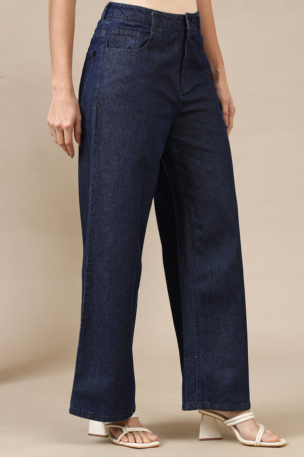 Dark Blue Cotton Denim Flared Pants