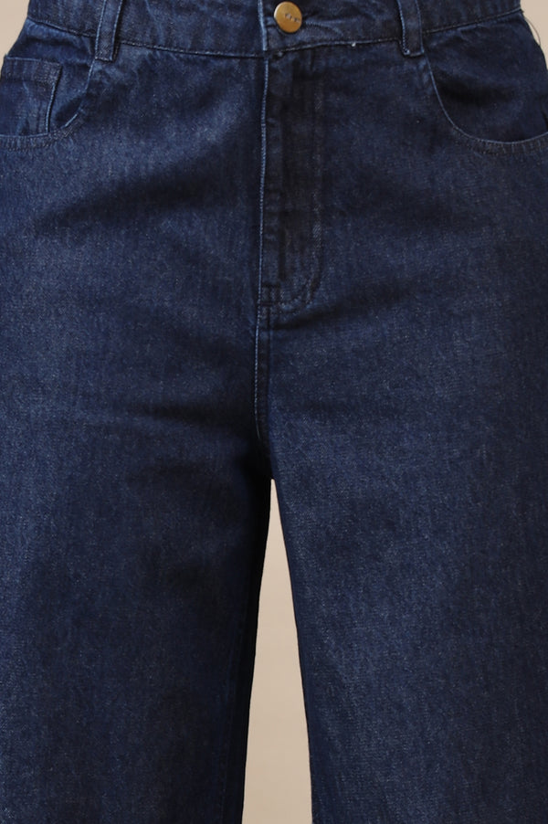 Dark Blue Cotton Denim Flared Pants