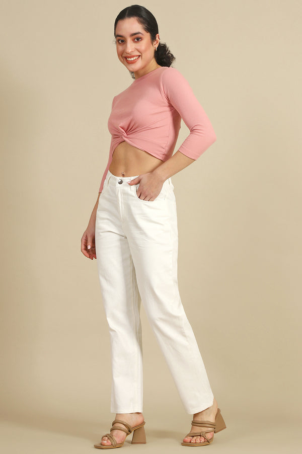 White Solid Straight Fit Cotton Pants With Button Closure