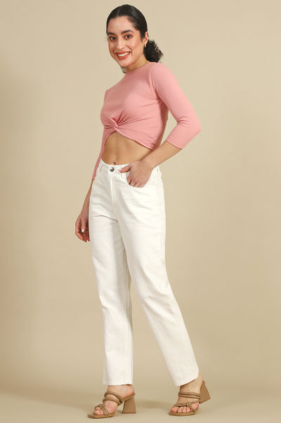 White Solid Pure Cotton Straight Pants