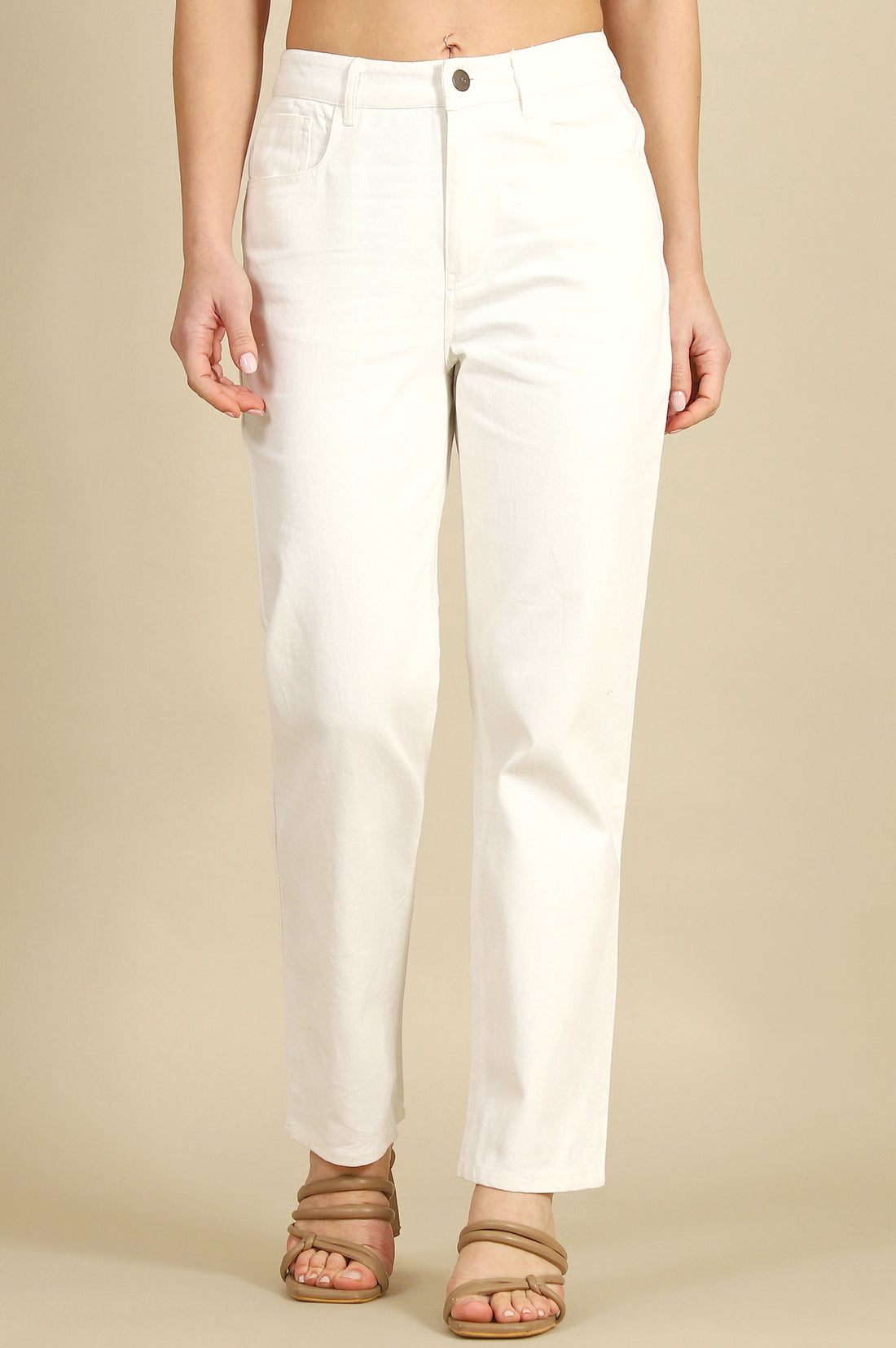White Solid Pure Cotton Straight Trousers &amp; Pants