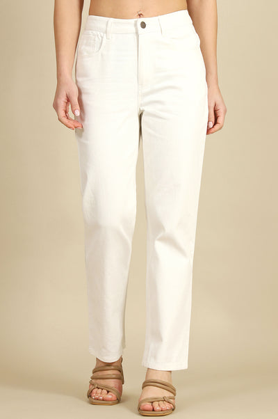 White Solid Pure Cotton Straight Pants