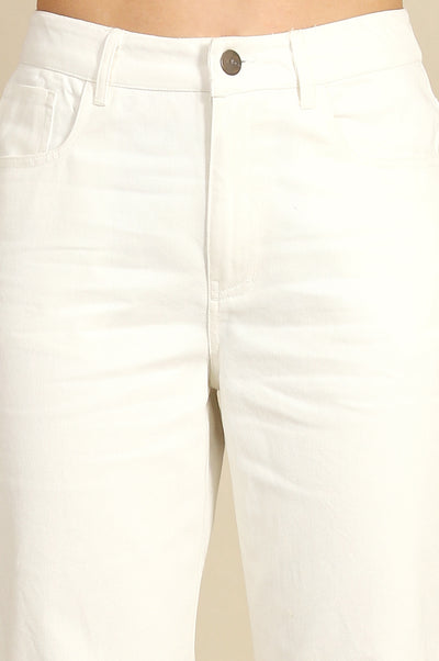 White Solid Pure Cotton Straight Pants