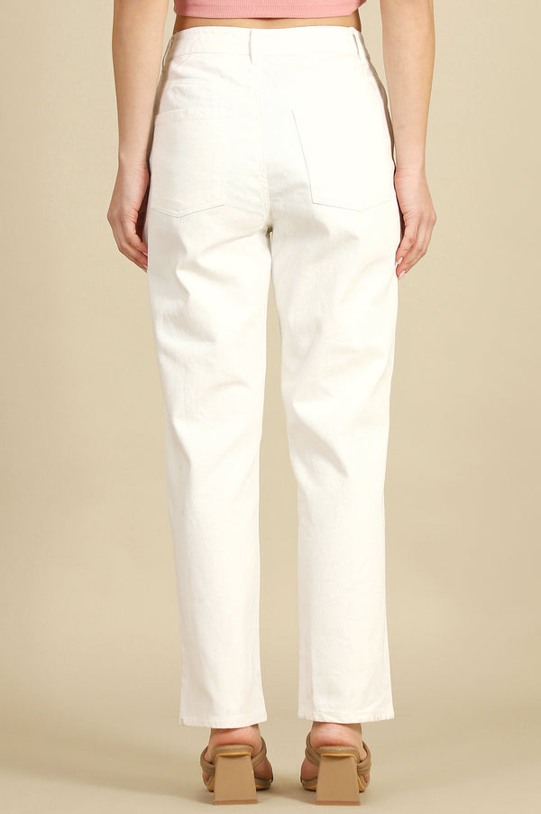 White Solid Straight Fit Cotton Pants With Button Closure