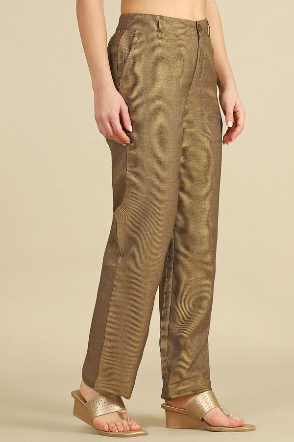 Brown Yarn Dyed Straight Fit Pants With YKK Zipper