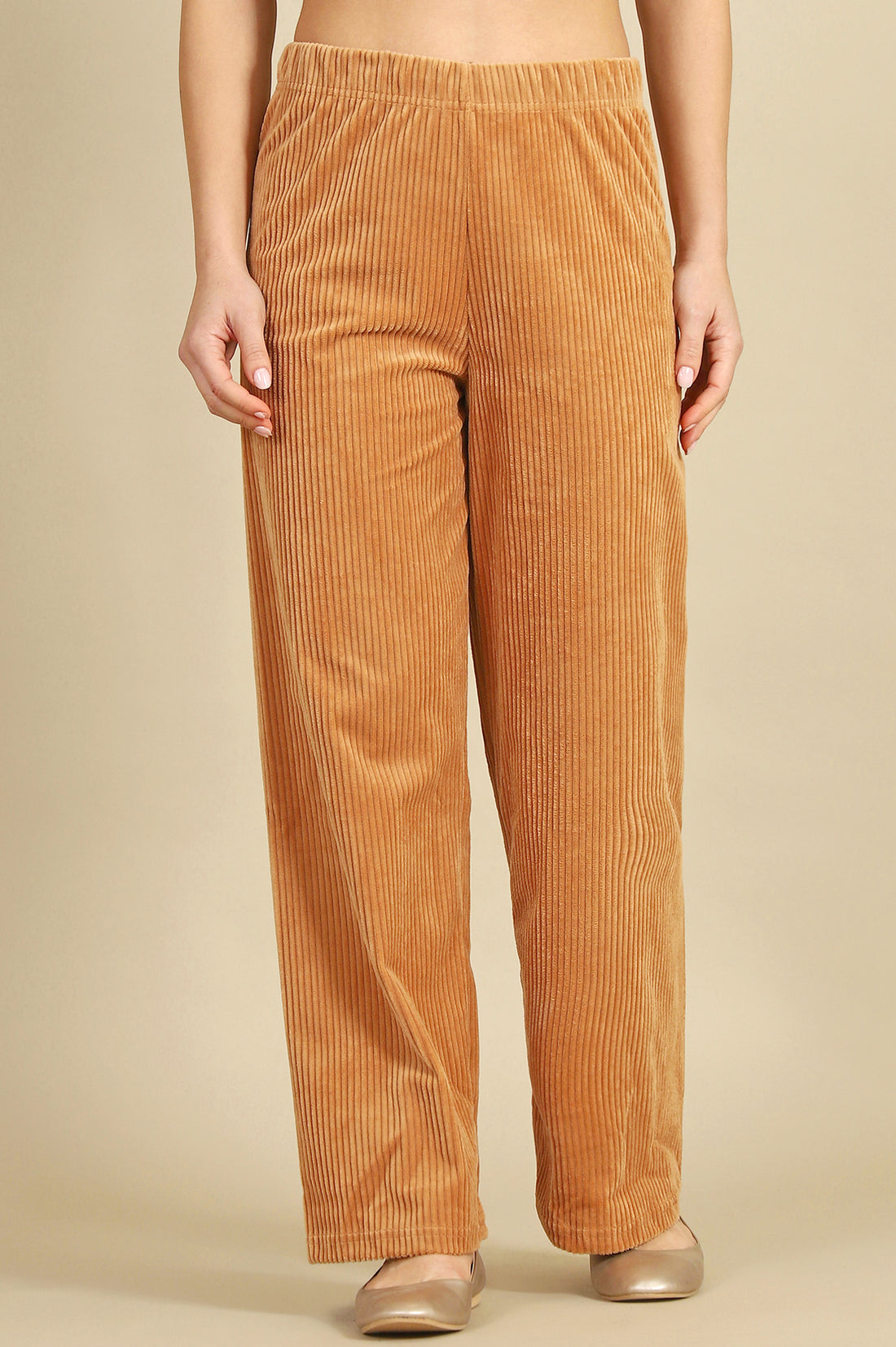 Brown Solid Cotton Blend Straight Trousers &amp; Pants