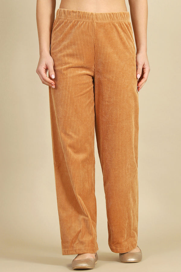 Brown Solid Straight Fit Cotton Pants With Elasticated Waist