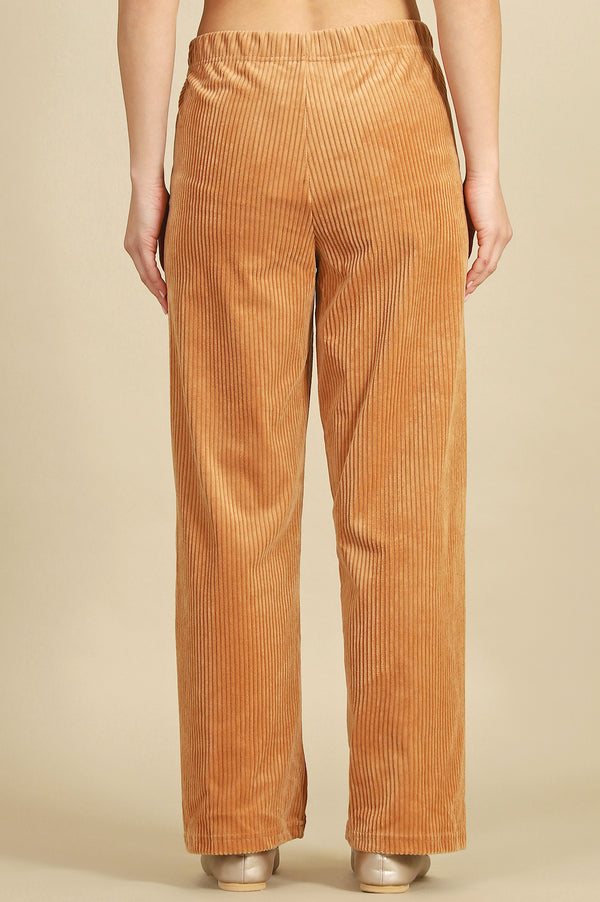 Brown Solid Straight Fit Cotton Pants With Elasticated Waist