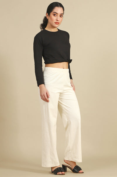 Cream Solid Cotton Blend Straight Pants