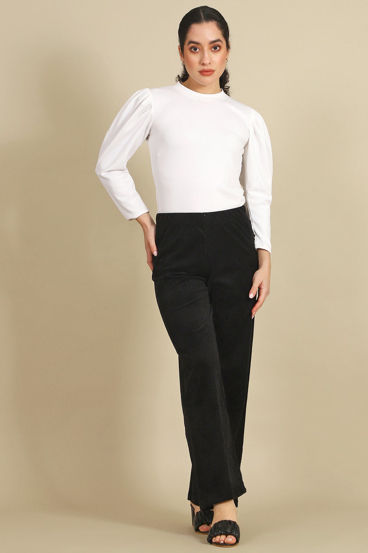 Elleven Women's Black Solid Straight Fit Cotton Pants With Slip On Closure - S