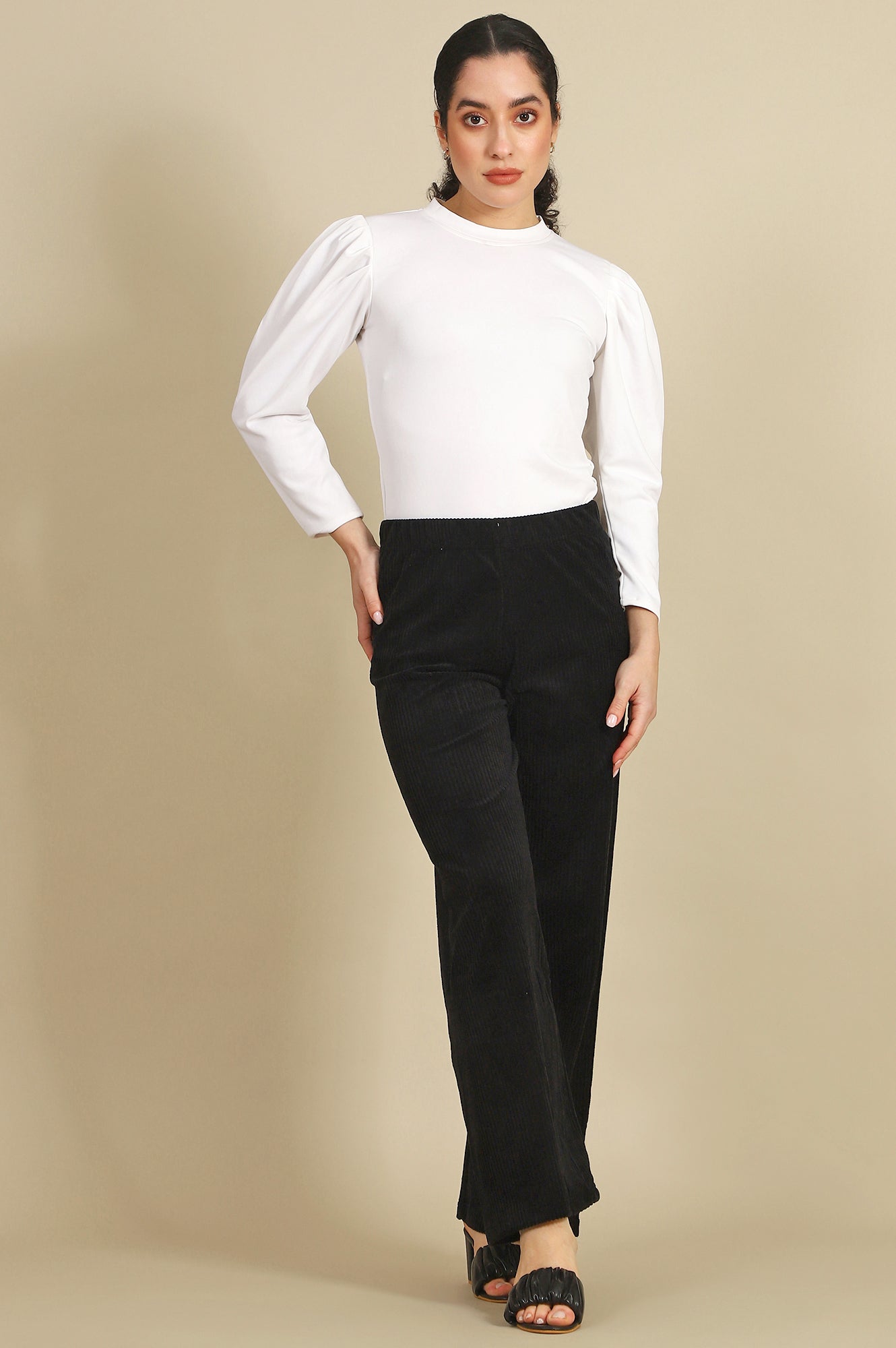 Black Solid Cotton Blend Straight Trousers &amp; Pants