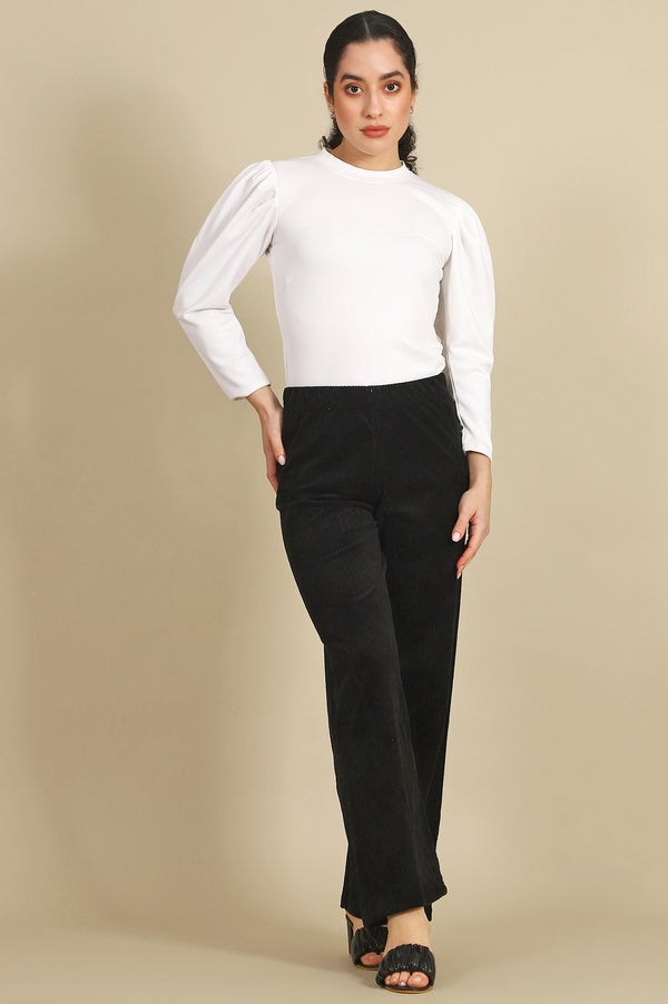 Black Solid Straight Fit Cotton Pants With Slip On Closure