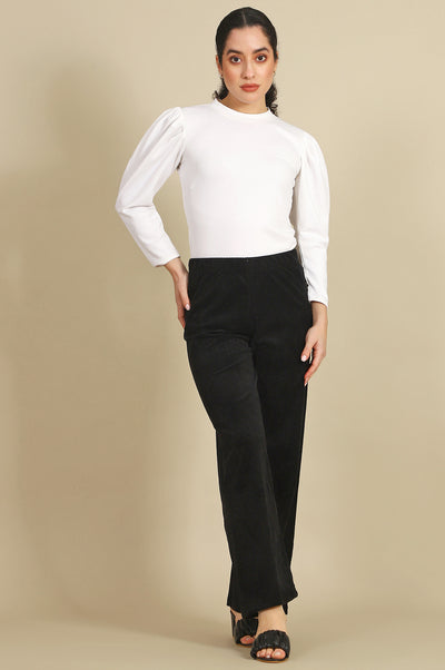 Black Solid Cotton Blend Straight Pants