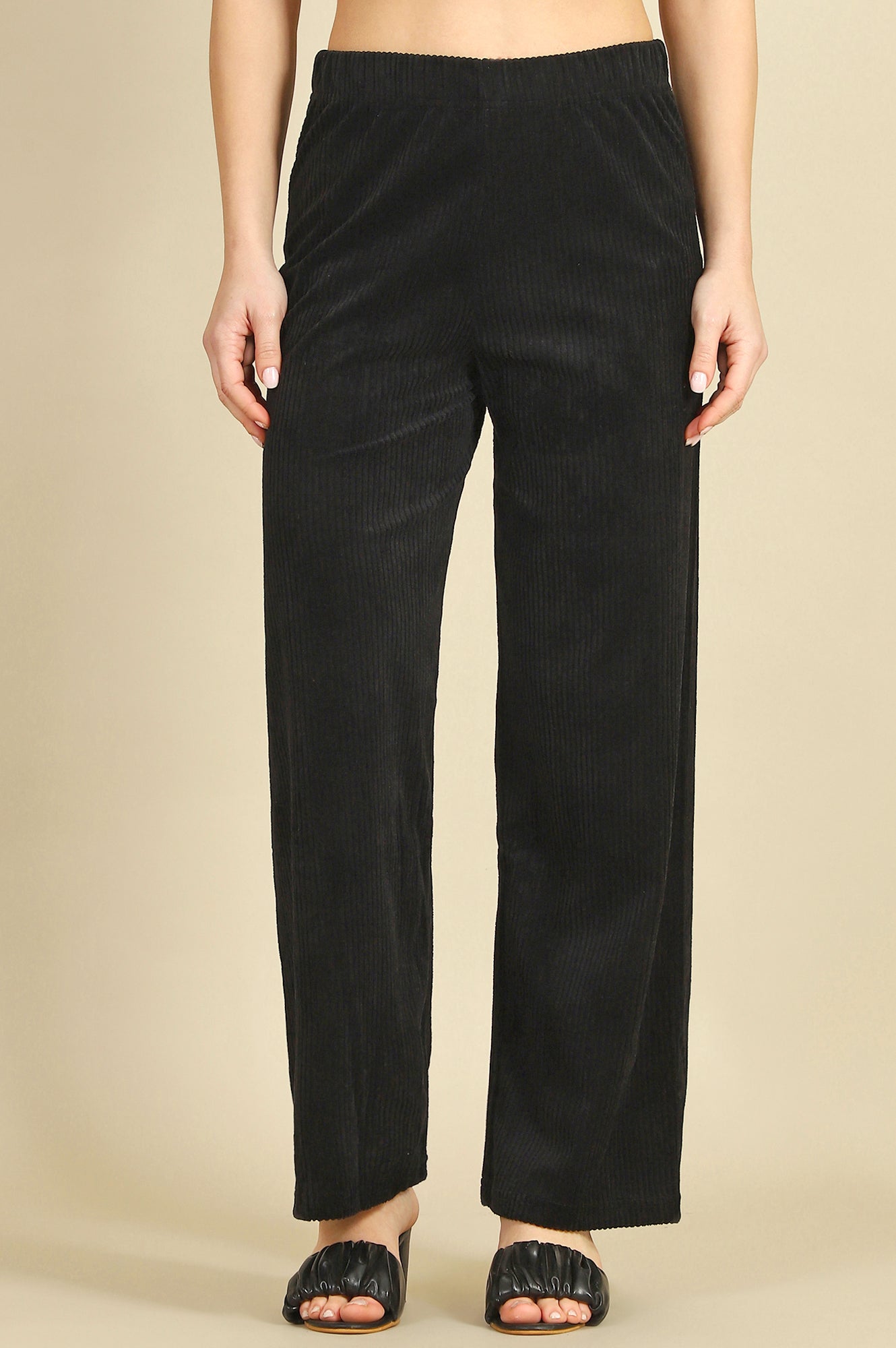 Black Solid Cotton Blend Straight Trousers &amp; Pants