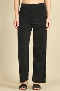 Black Solid Cotton Blend Straight Trousers &amp; Pants