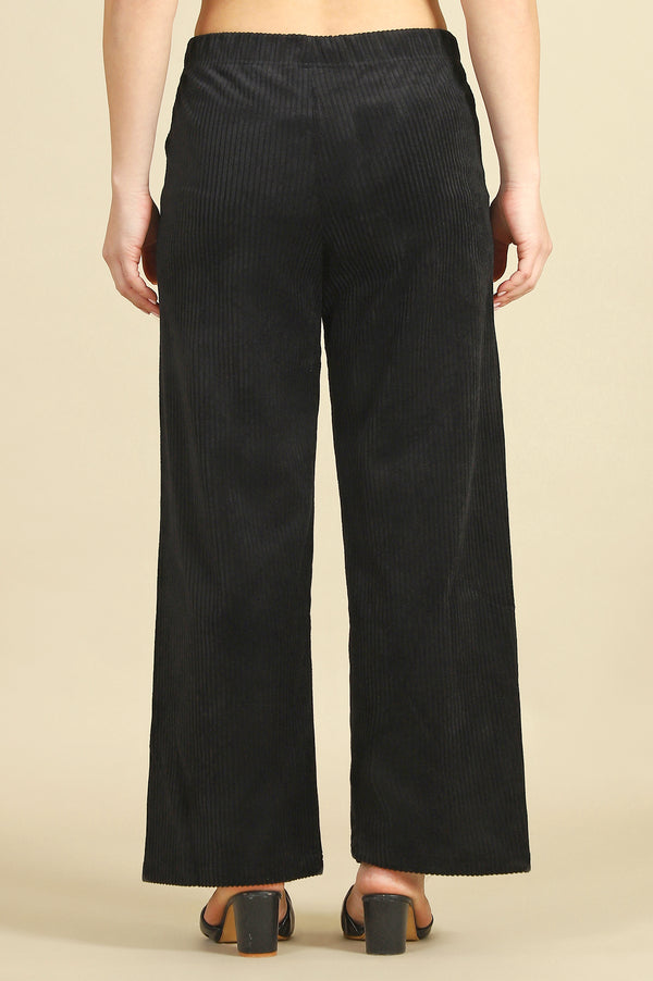 Black Solid Straight Fit Cotton Pants With Slip On Closure