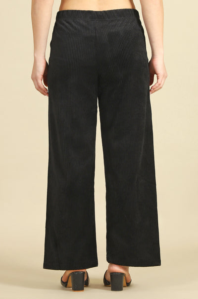 Black Solid Cotton Blend Straight Pants