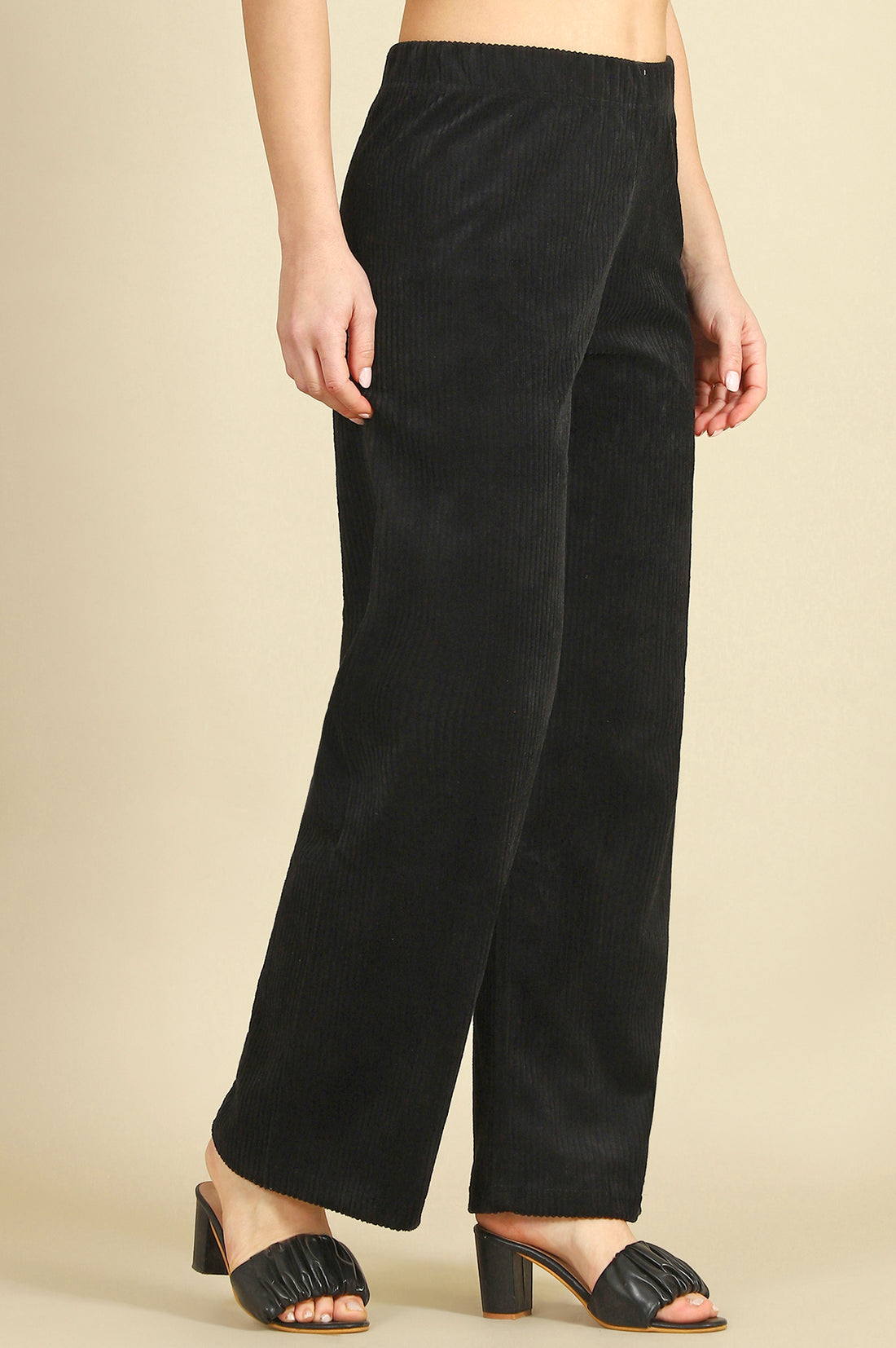 Black Solid Cotton Blend Straight Trousers &amp; Pants