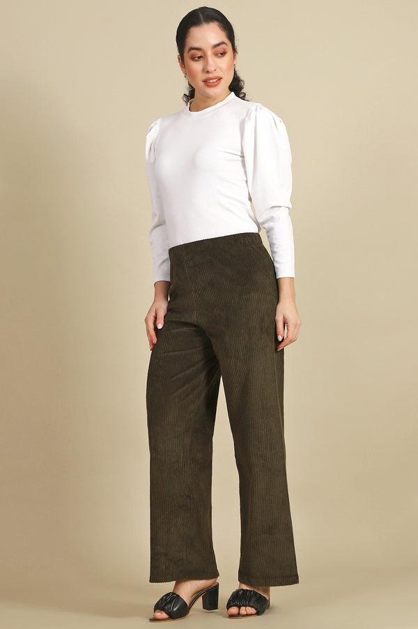 Dark Green Solid Straight Fit Cotton Pants
